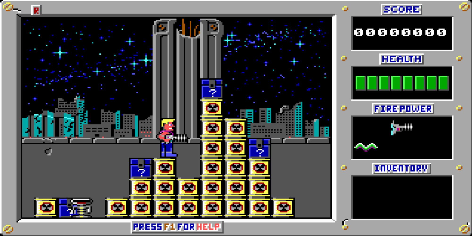 Duke Nukem standing on a pile of radioactive barrels and near some boxes in a futuristic setting