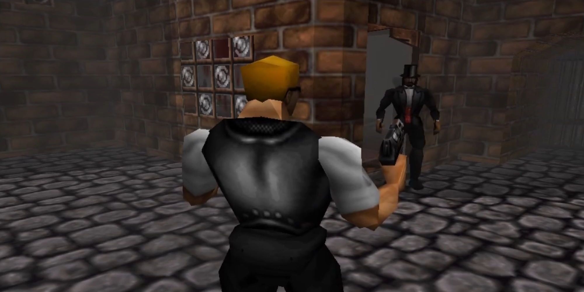 A gun-toting Duke Nukem facing Jack The Ripper in a shady, Victorian alley