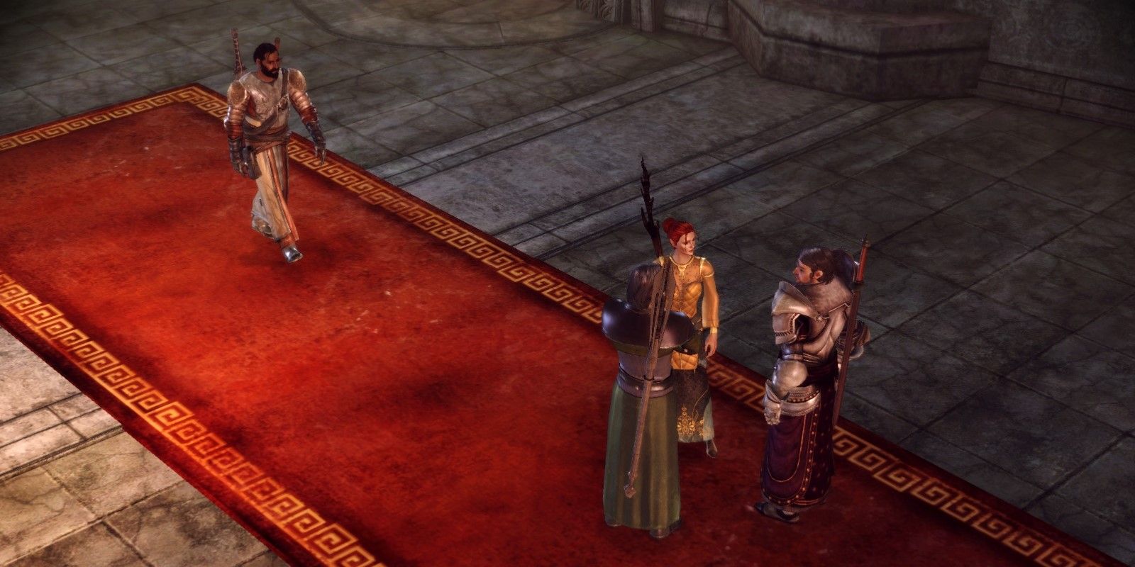 Duncan approaches Surana, Irving, and Greagoir in the Magi origin