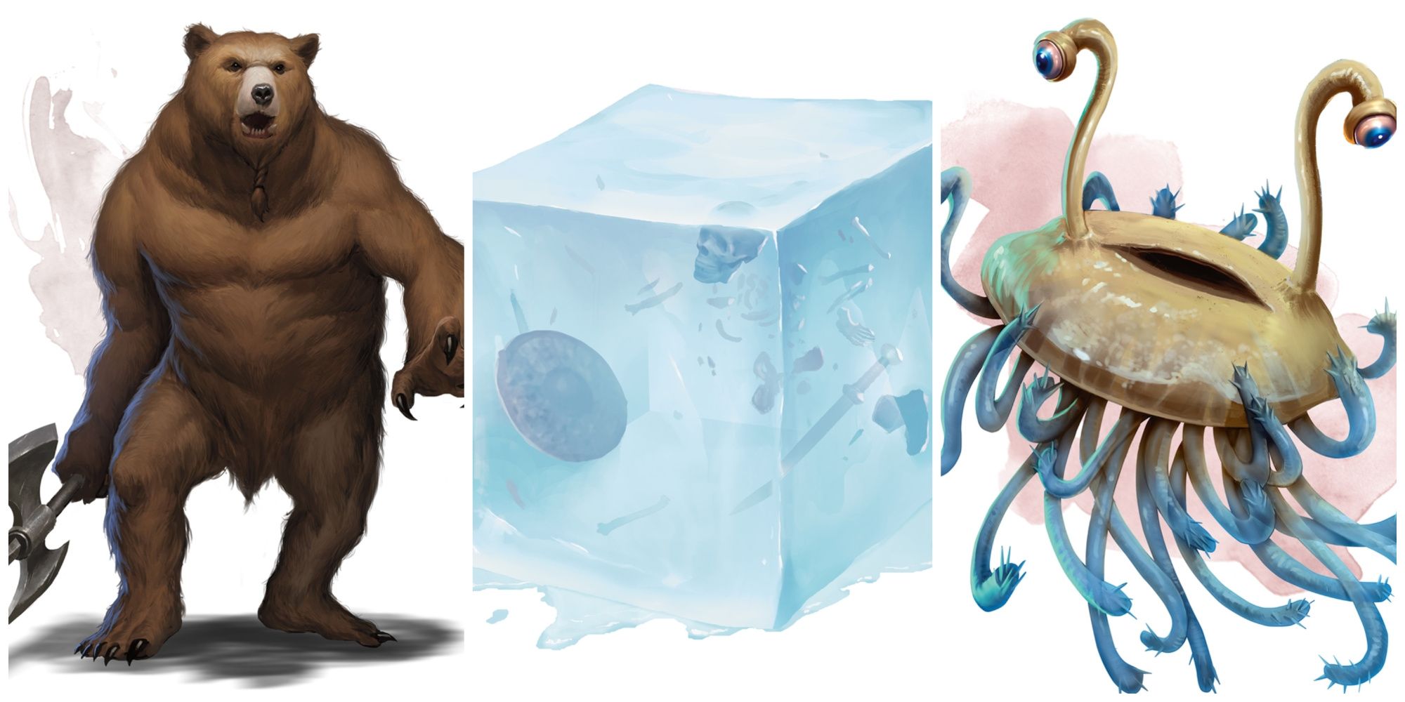Werebear, Gelatinous Cube, & Flumph Illustrations From Dungeons And Dragons Monster Manual