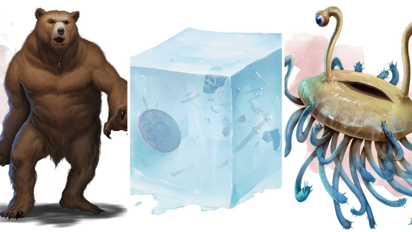 Werebear, Gelatinous Cube, & Flumph Illustrations From Dungeons And Dragons Monster Manual