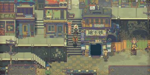 Characters walking through a town in Eastward