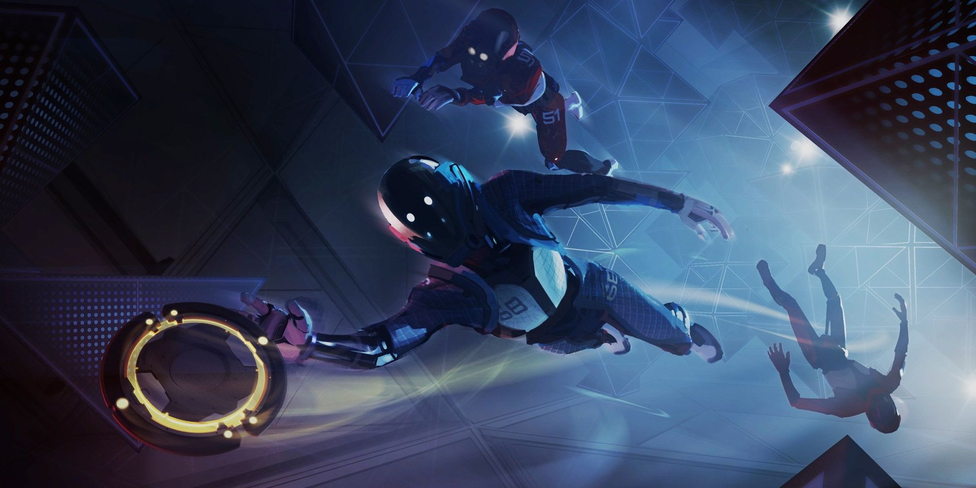 Echo Arena - Three player characters float in zero gravity, two chasing a glowing disc and the third floating upside down 