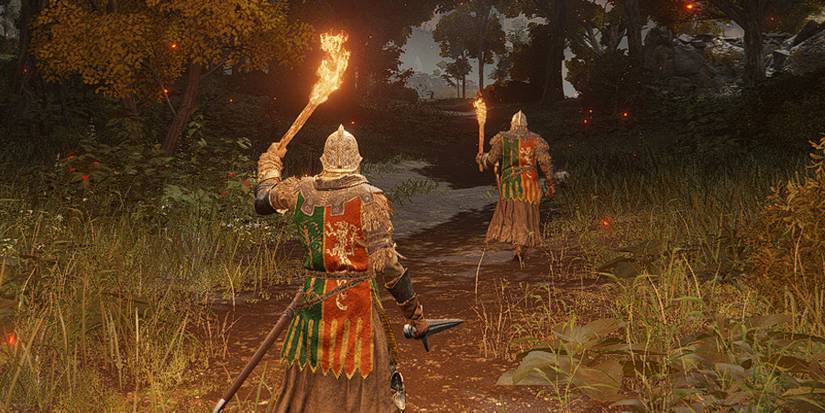 Elden Ring Player in Soldier of Godrick Armor Set Holding a Torch Following an Enemy NPC