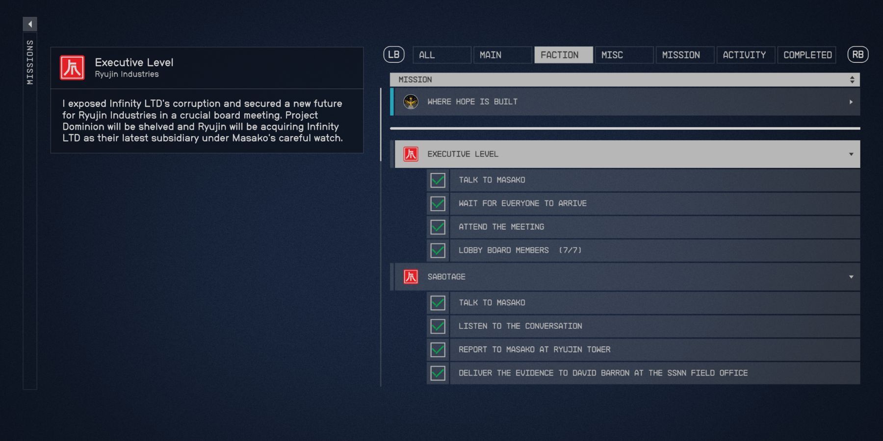 image showing the list of objectives in the executive level quest in starfield.