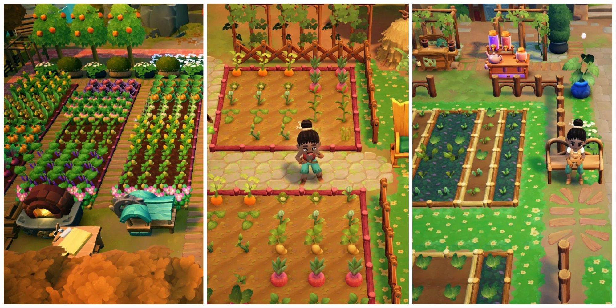 A field of crops, a player standing between their crops, and a player resting on a bench.
