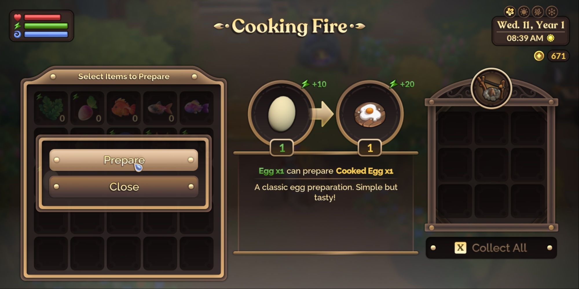 Fae Farm cooking menu with an egg about to be prepared