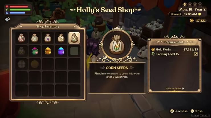 Corn seeds in Holly's Seed Shop in Fae Farm