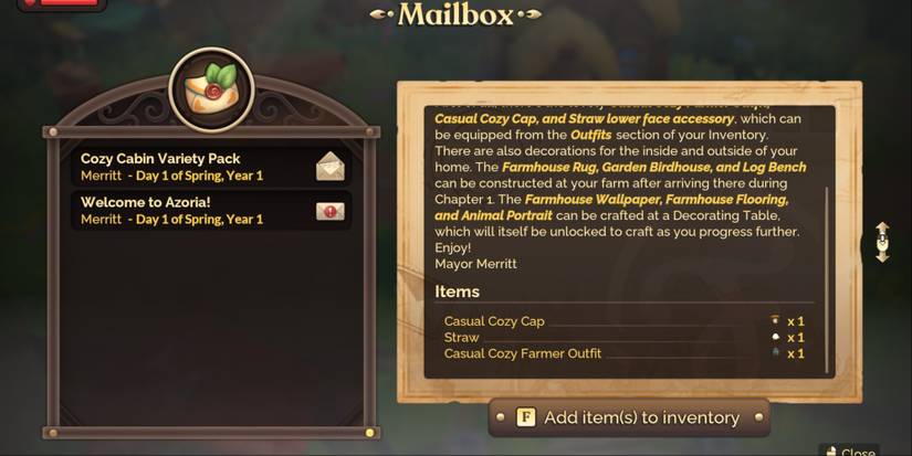 Fae Farm cozy cabin bonus pack in mailbox