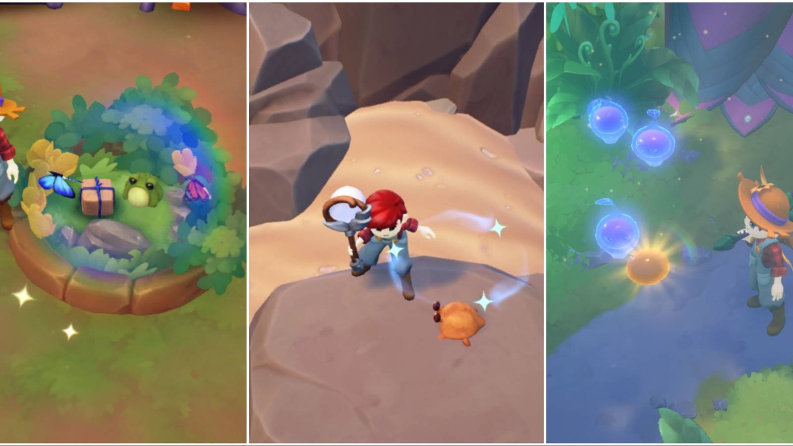 Fae Farm critter collage with a critter conservatory, crab being captured, and fae critters