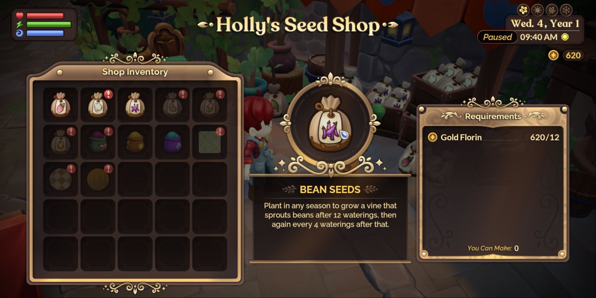 Fae Farm holly's seed shop interface displaying bean seeds for 12 florins each