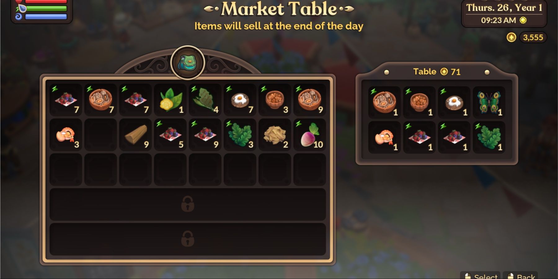 Fae Farm market table UI interface showing the value of a table's items