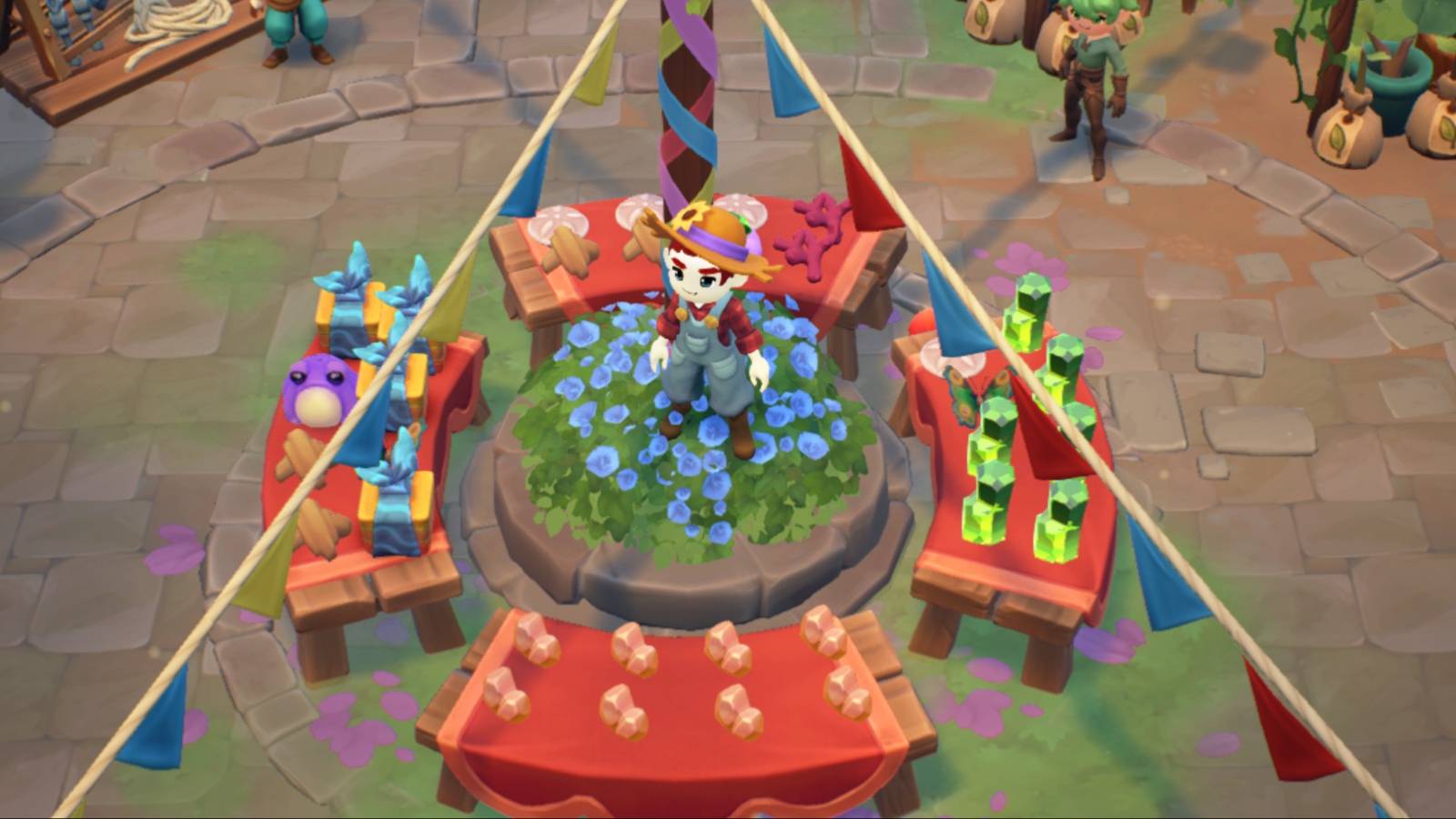 Fae Farm market tables with various sellable items on them