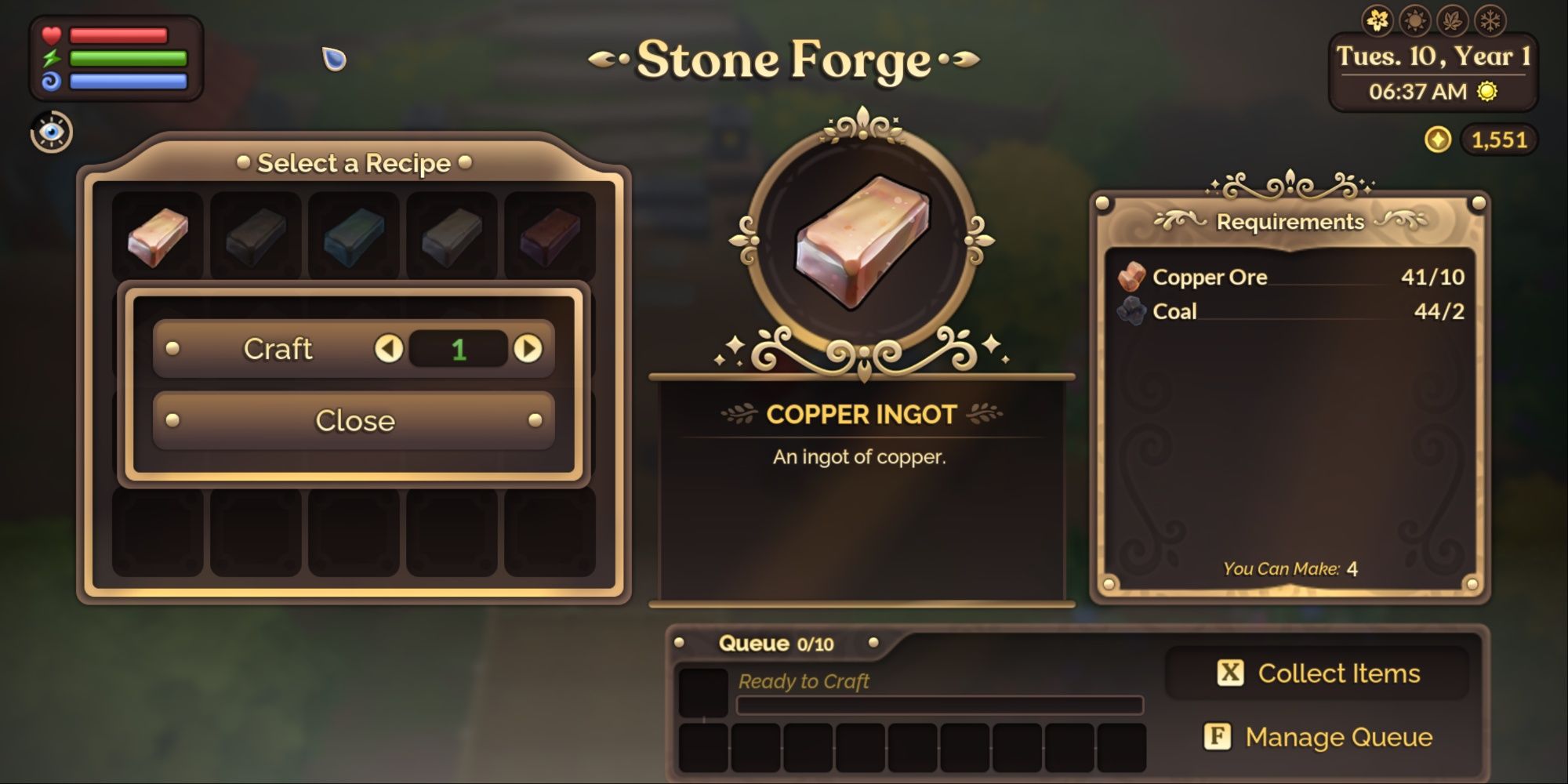 Fae Farm smelting menu showing copper ingot