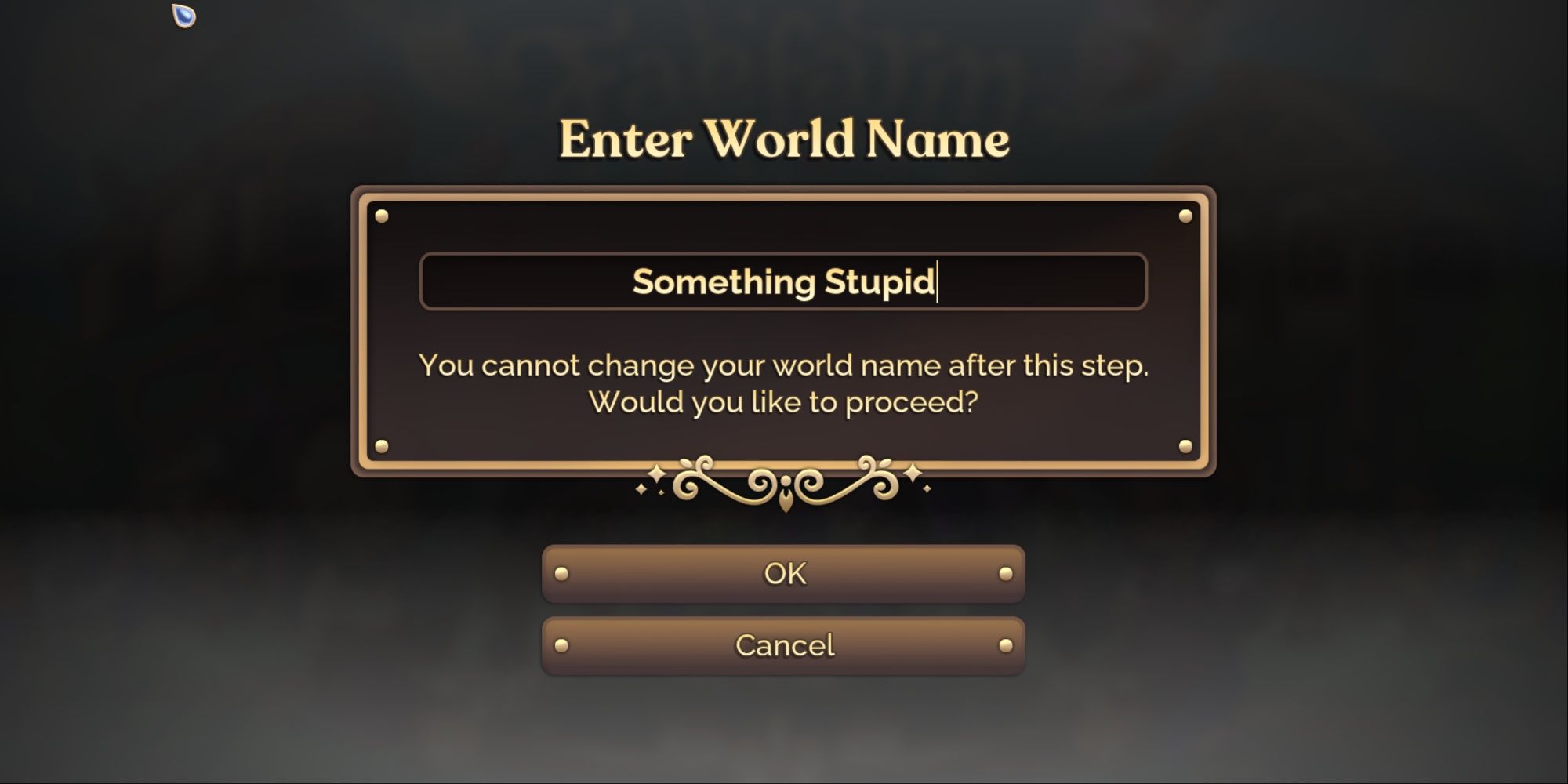 Fae Farm world naming screen