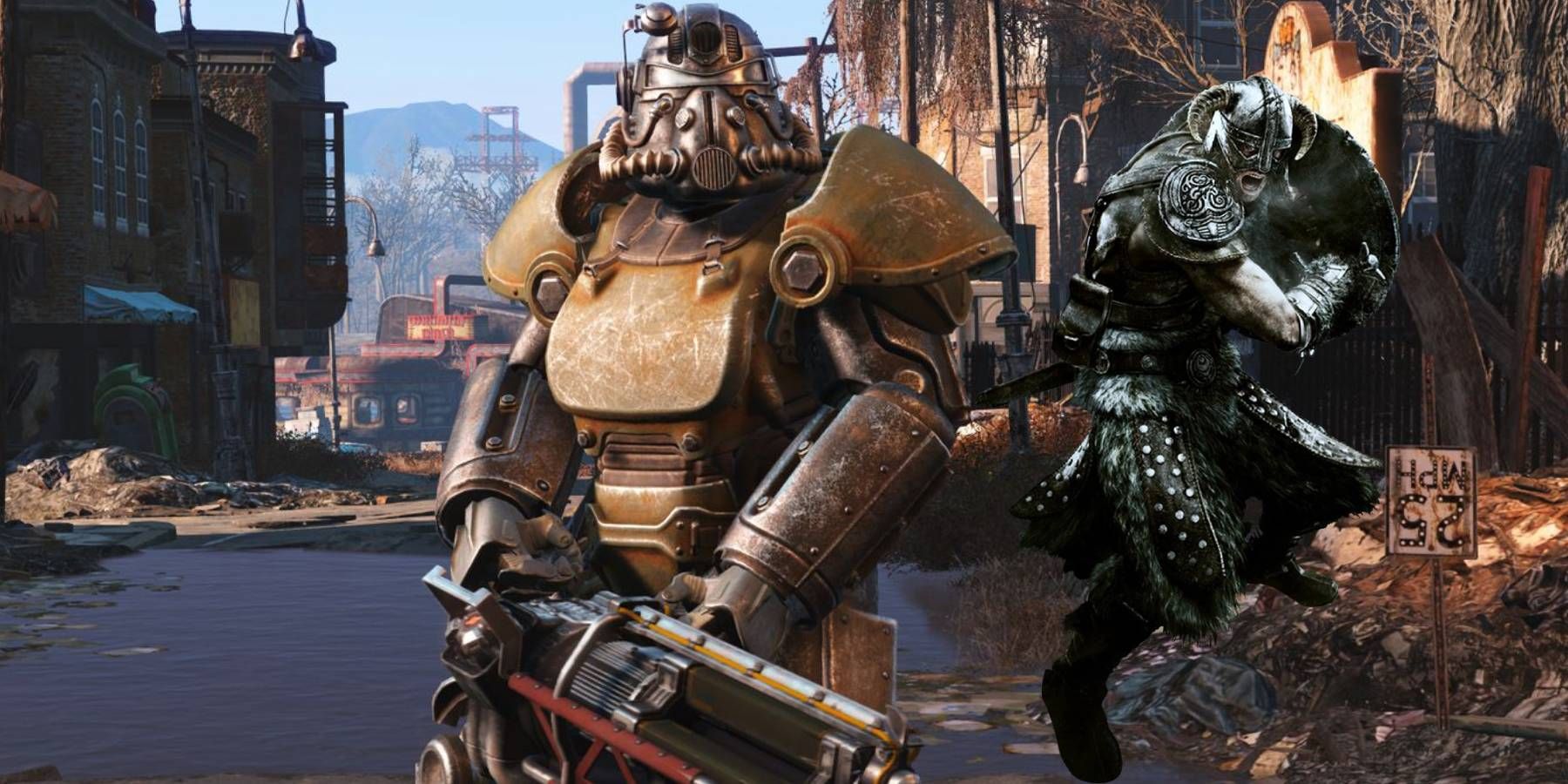A character in power armor from Fallout 4 and a Nord Dragonborn from Skyrim