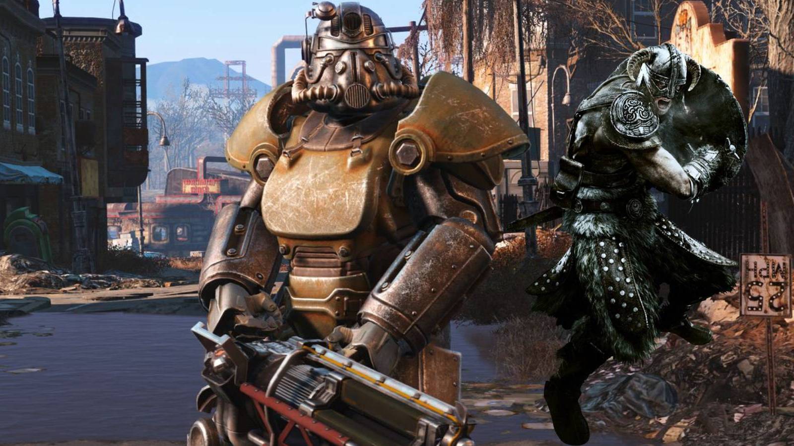 A character in power armor from Fallout 4 and a Nord Dragonborn from Skyrim