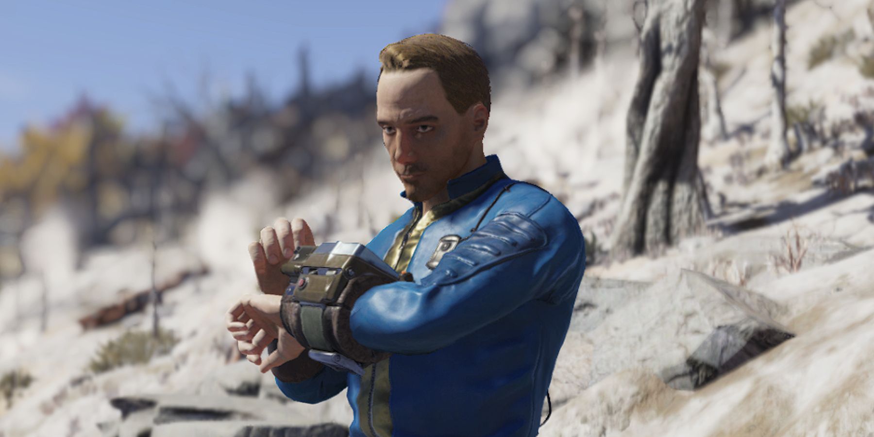 Fallout 76 player in Vault tech jumpsuit using Pip Boy