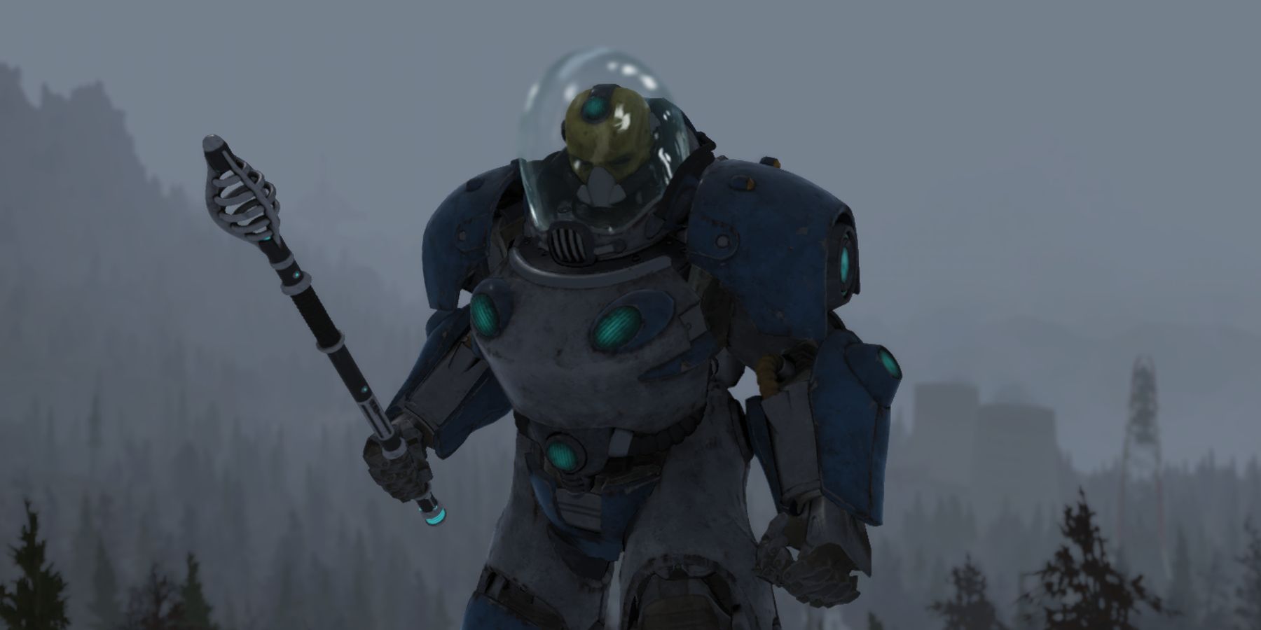 Fallout 76 Player Wearing Deep Space Zeta Alien Power Armor Paint with Electro Enforcer weapon