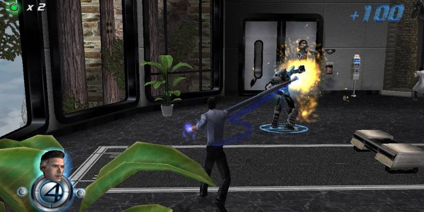 Reed Richard stretches out his fist to strike a robot in an office area 