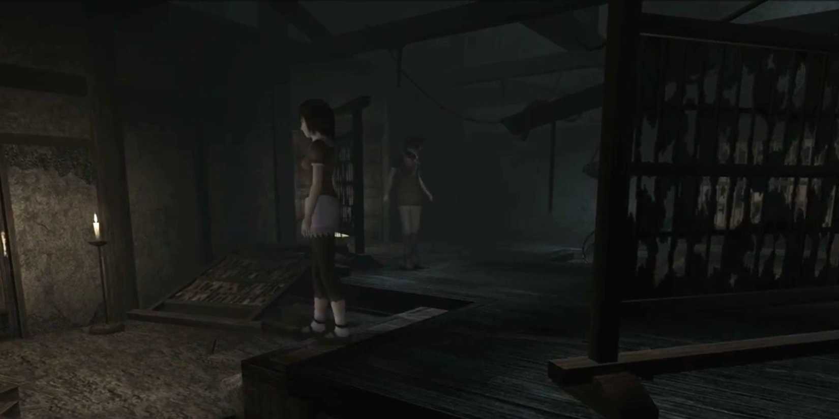 Mio and Mayu exploring a dilapidated house in Fatal Frame 2: Crimson Butterfly