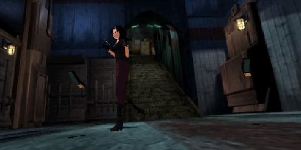 hana from fear effect walking down a hallway