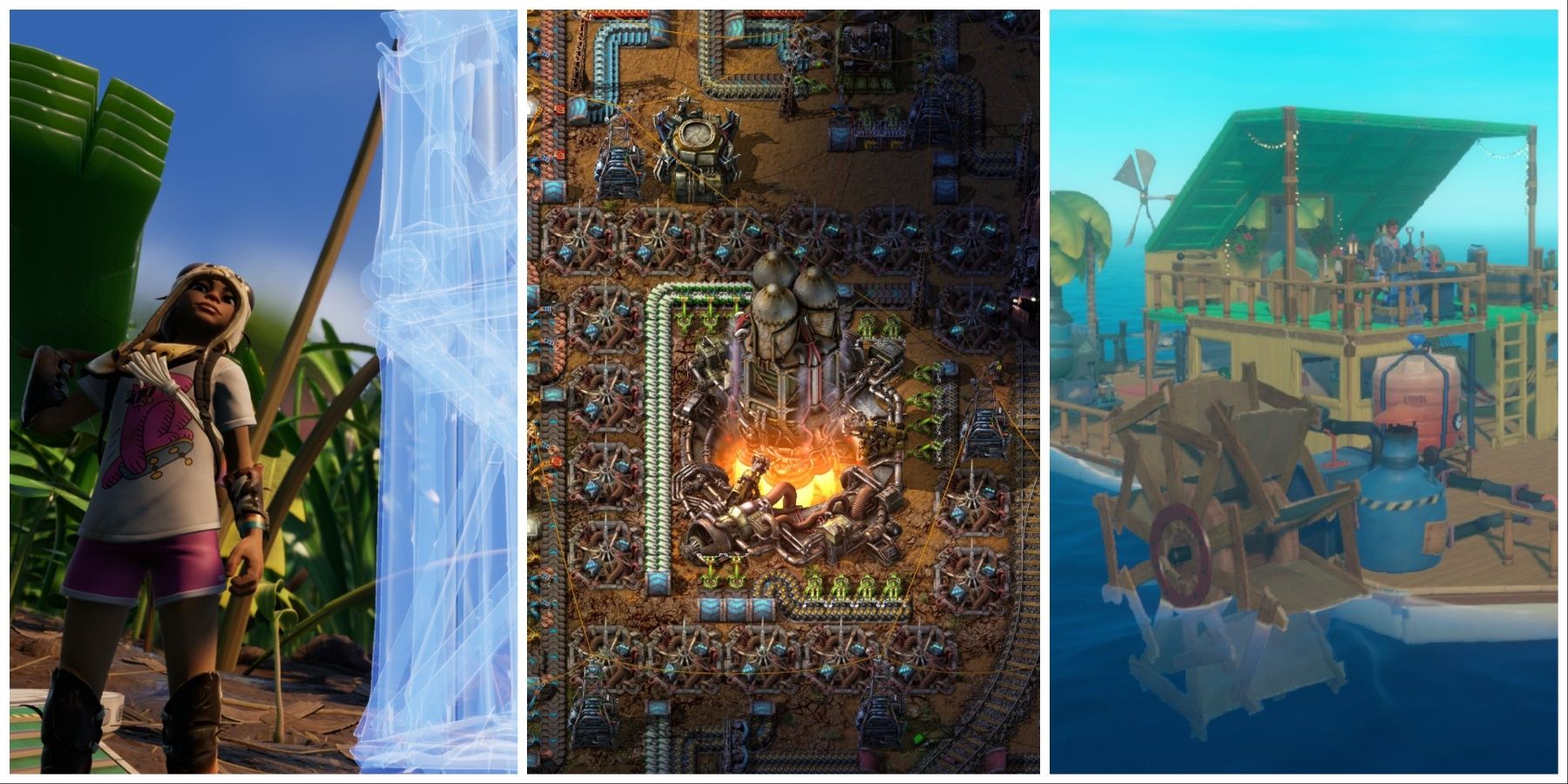 Featured image of base building games with co-op including Grounded, Factorio, and Raft
