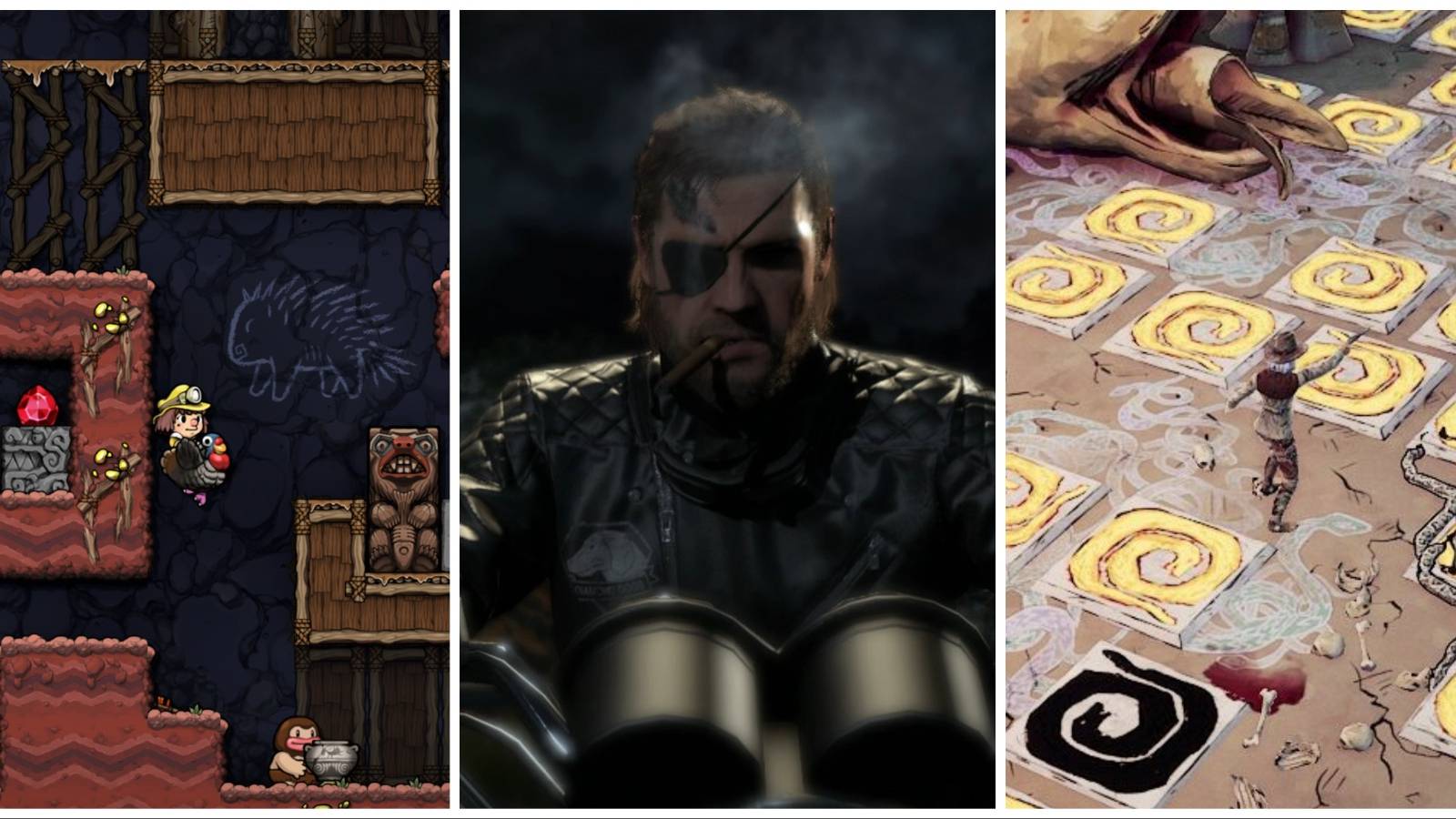 Featured image of third-person immersive sim games like Spelunky 2, Metal Gear Solid 5: The Phantom Pain, and Weird West
