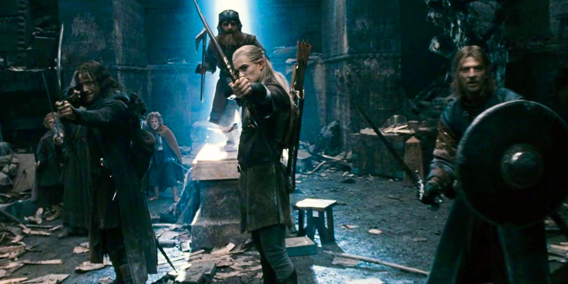 The Fellowship prepare for battle in the Mines of Moria in The Lord of the Rings
