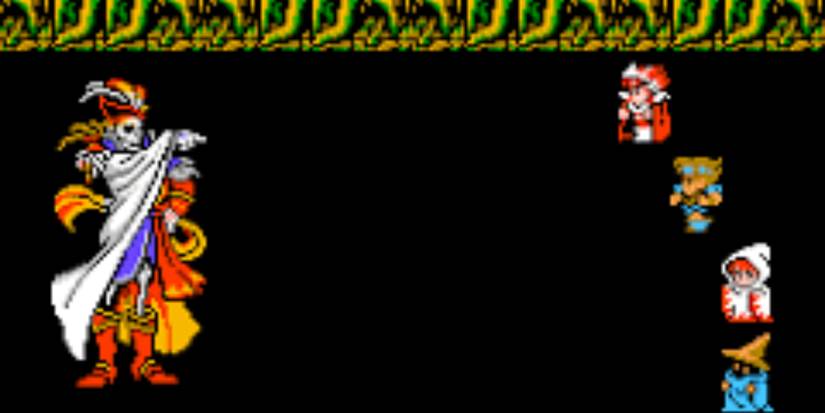 A party of four facing a skeleton enemy in Final Fantasy 3