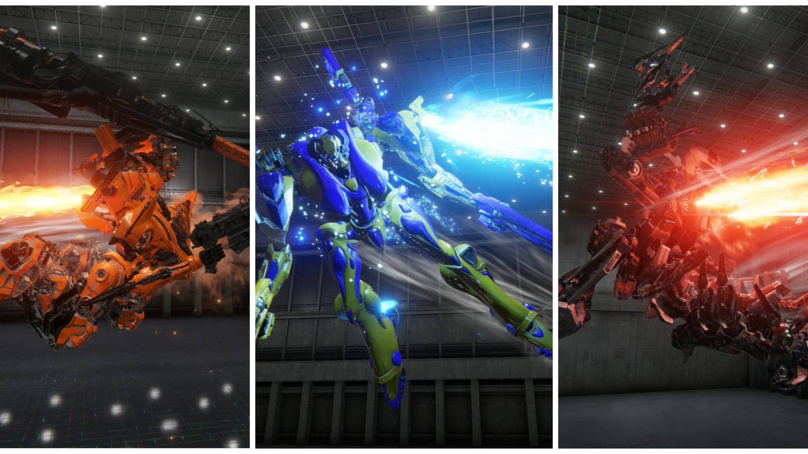 Three ACs with different Generators flying across the testing ground Armored Core 6