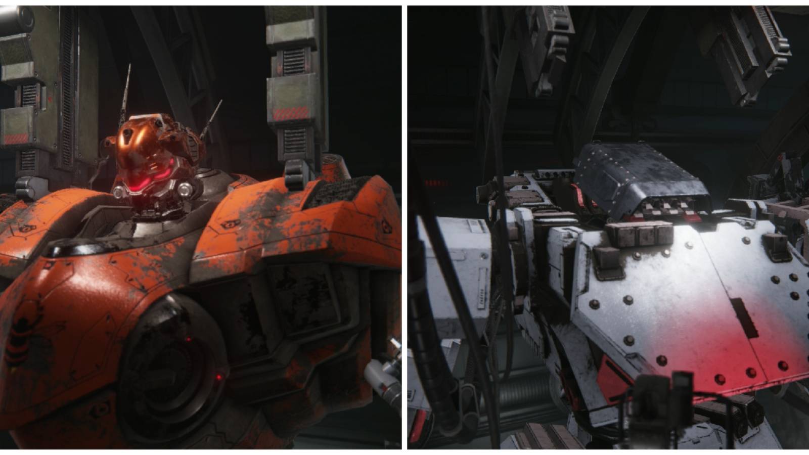 An AC with the VP-44D Head Part and an AC with the AH-J-124 BASHO Head Part in Armored Core 6