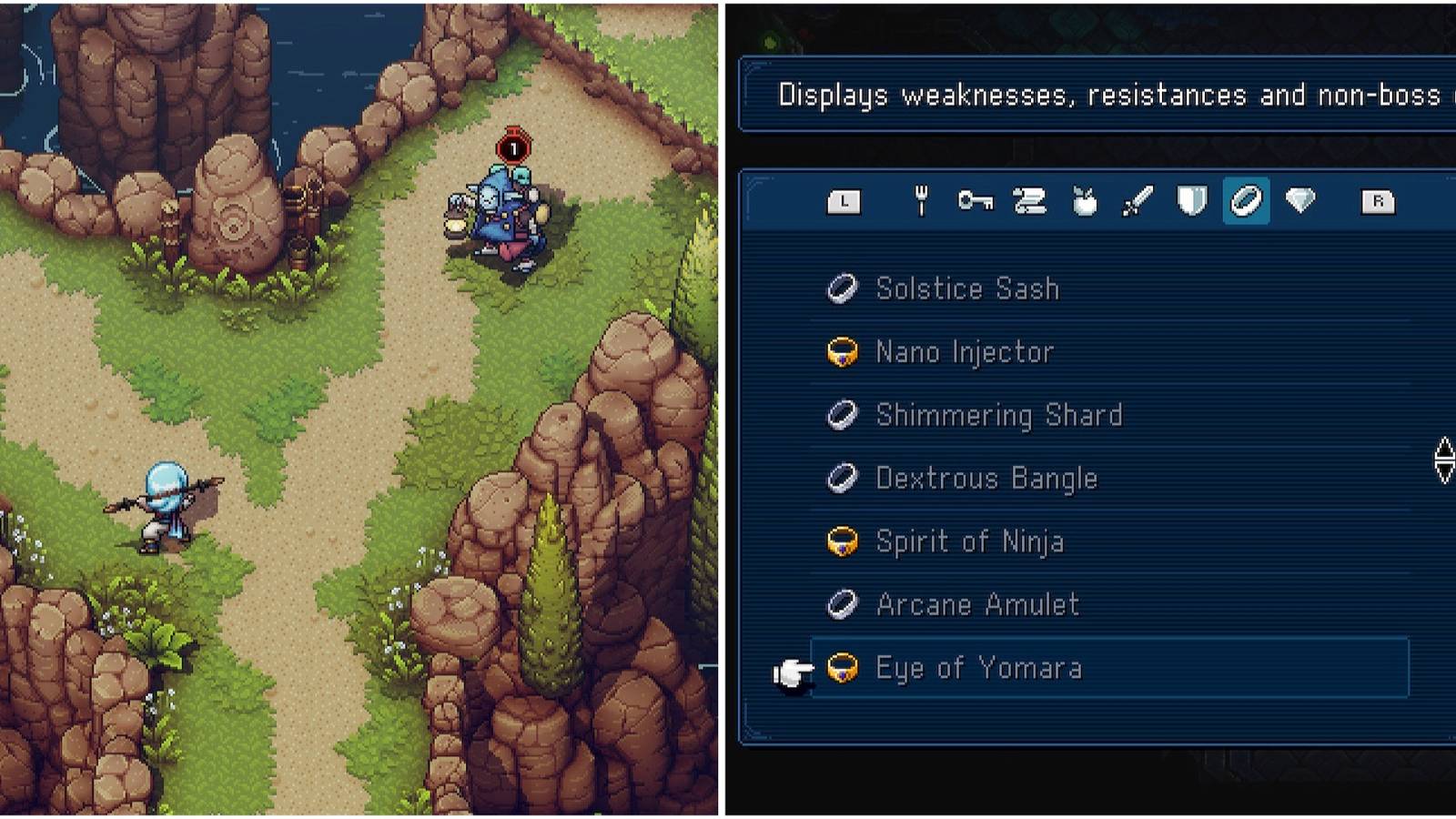 Fighting a battle and Eye Of Yomara accessory in Sea of Stars