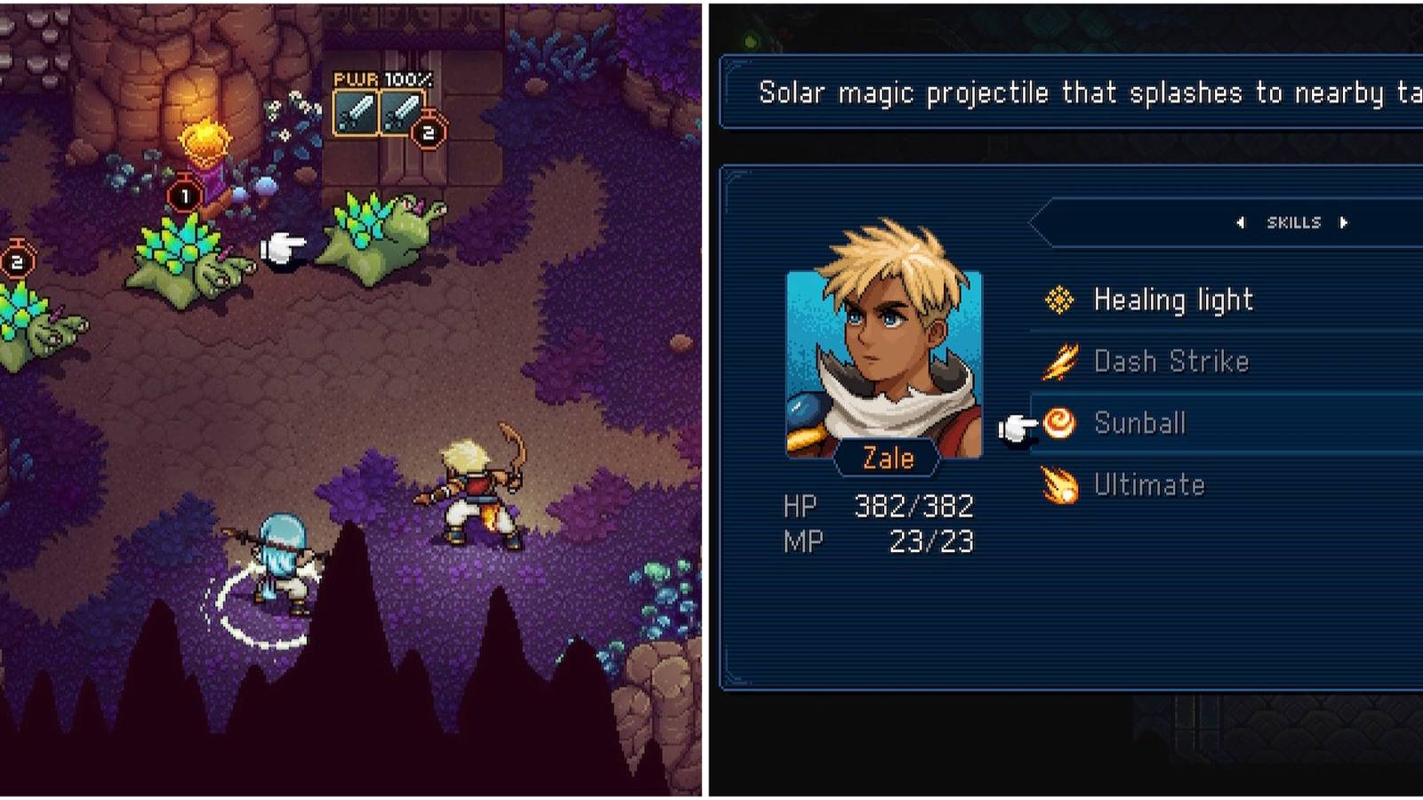 Fighting a battle and Sunball spell in Sea of Stars