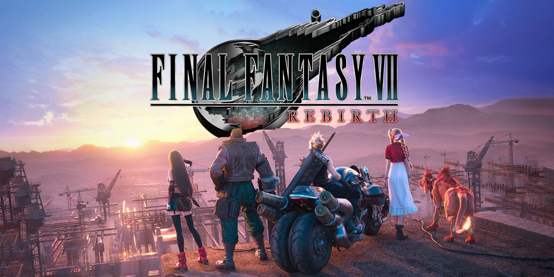 Ilustraciones de la fiesta de Final Fantasy 7 Rebirth con el logo del juego