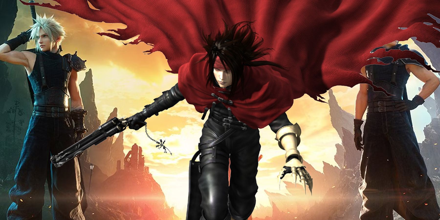 A promotional image of Cloud Strife and Zack Fair in Final Fantasy 7 Rebirth, with Vincent Valentine inserted between them.