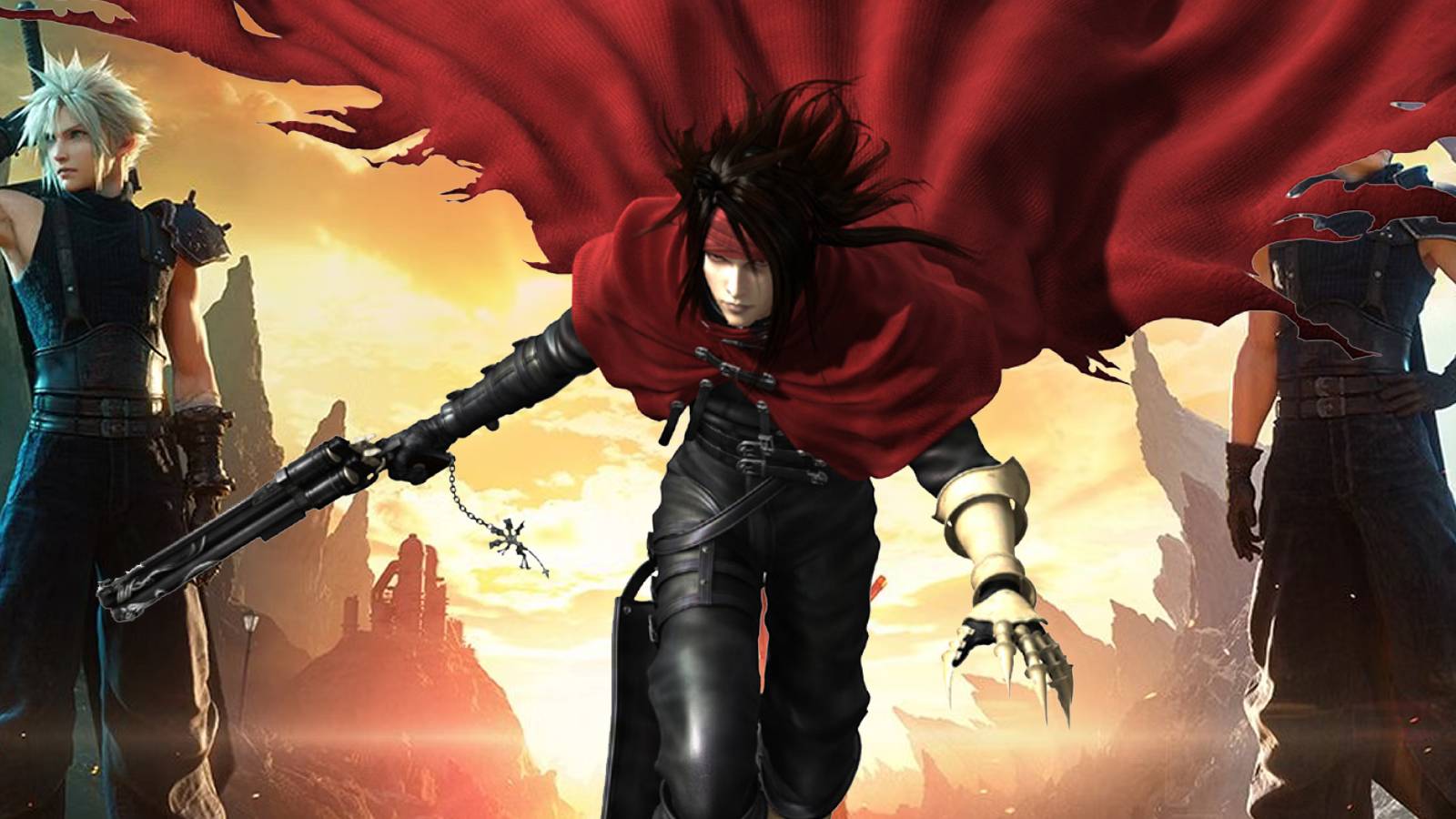 A promotional image of Cloud Strife and Zack Fair in Final Fantasy 7 Rebirth, with Vincent Valentine inserted between them.