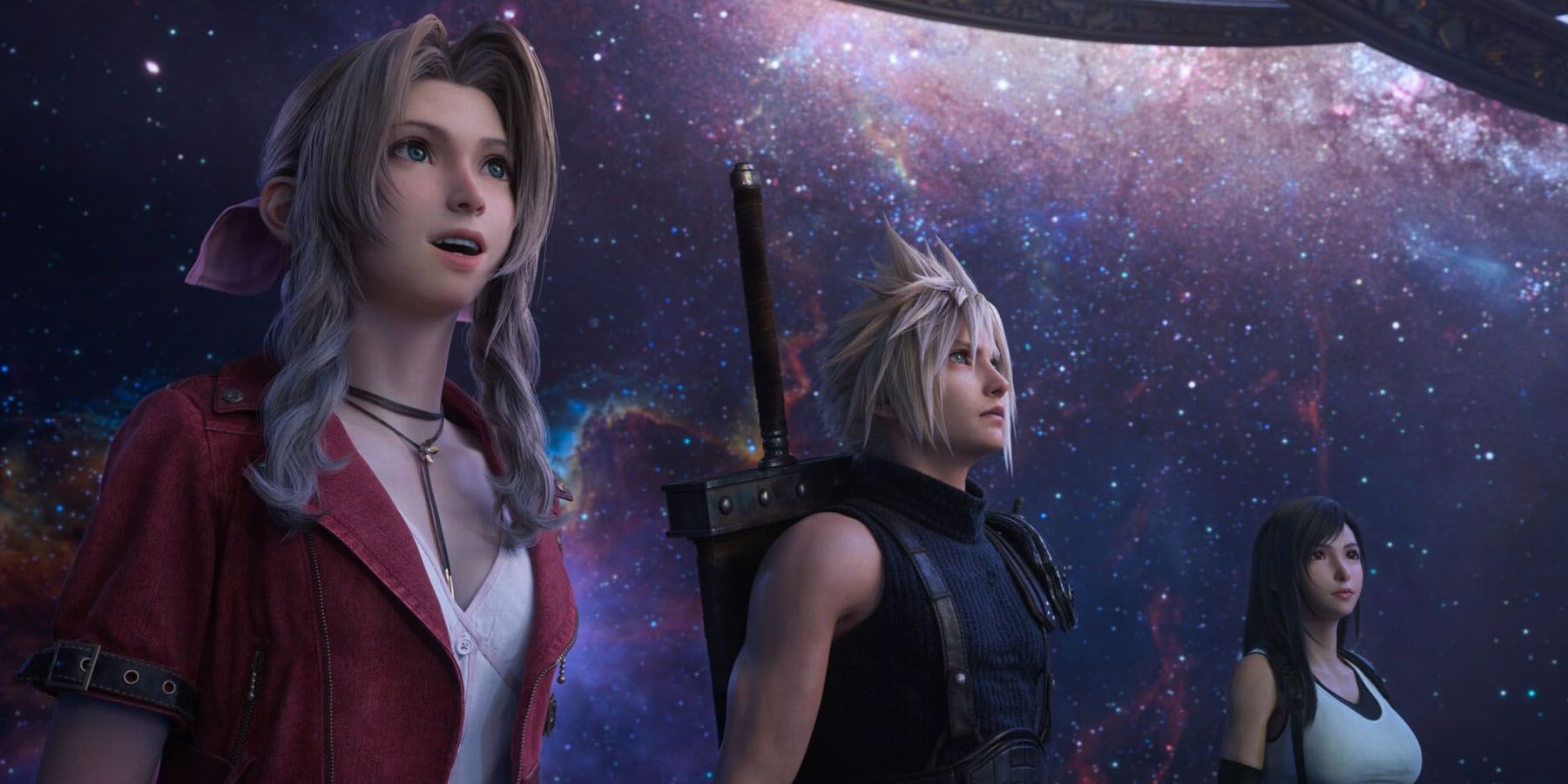 A screenshot of Cloud, Aeirth, and Tifa looking up into a starry sky in Final Fantasy 7 Rebirth.