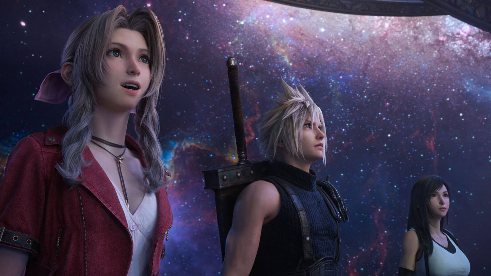 A screenshot of Cloud, Aeirth, and Tifa looking up into a starry sky in Final Fantasy 7 Rebirth.