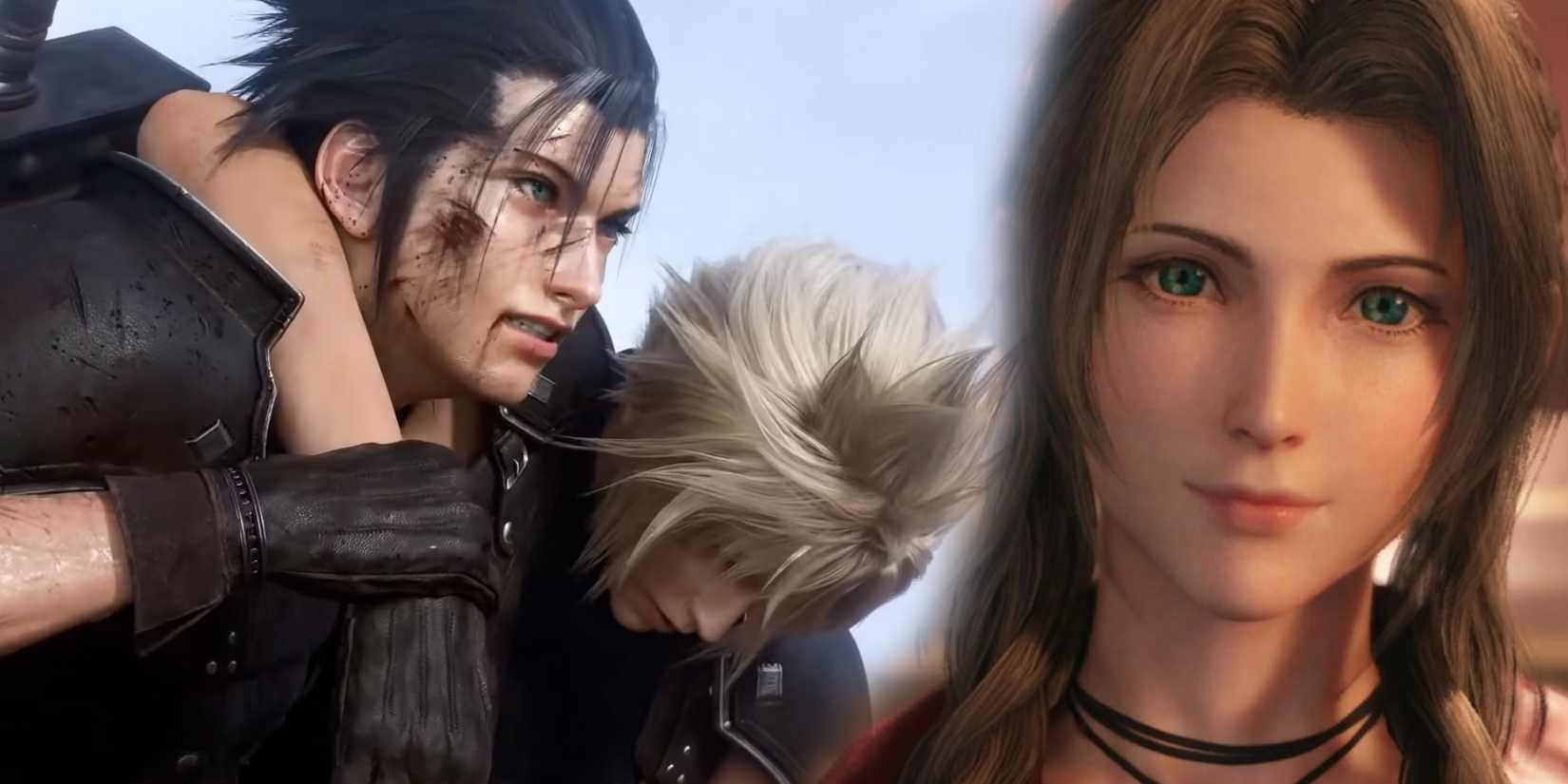 zack fair carrying cloud strife aerith gainsborough holding a flower