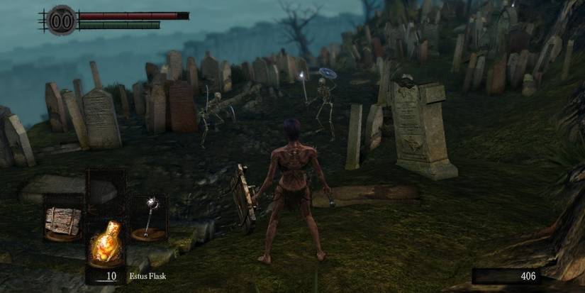 A player stands in Firelink Graveyard facing skeletons
