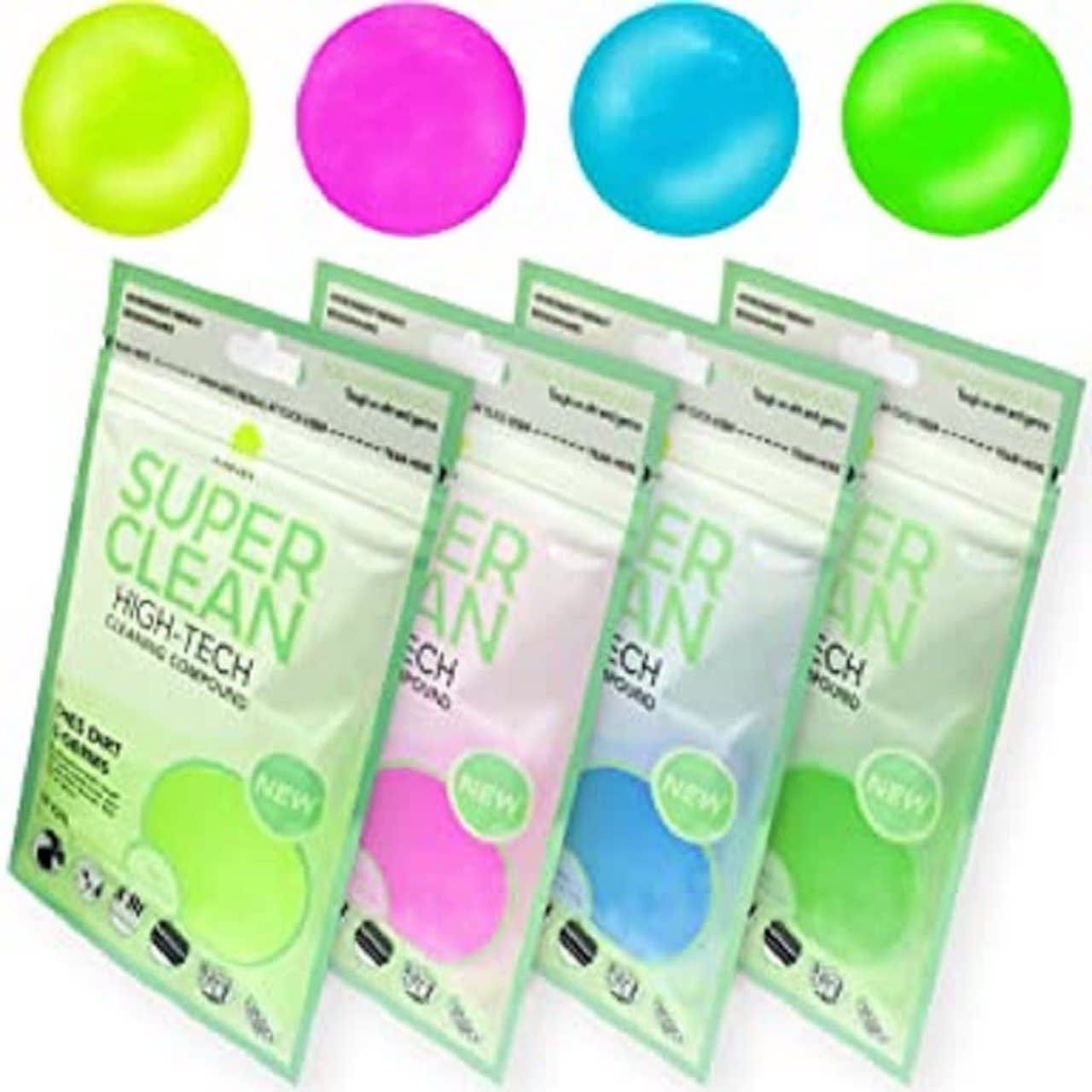 FiveJoy Universal Cleaning Gel packets in yellow, pink, blue, and green