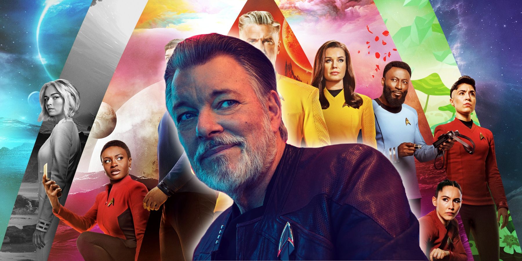 Jonathan Frakes as William Riker over a promo image for Star Trek: Strange New Worlds