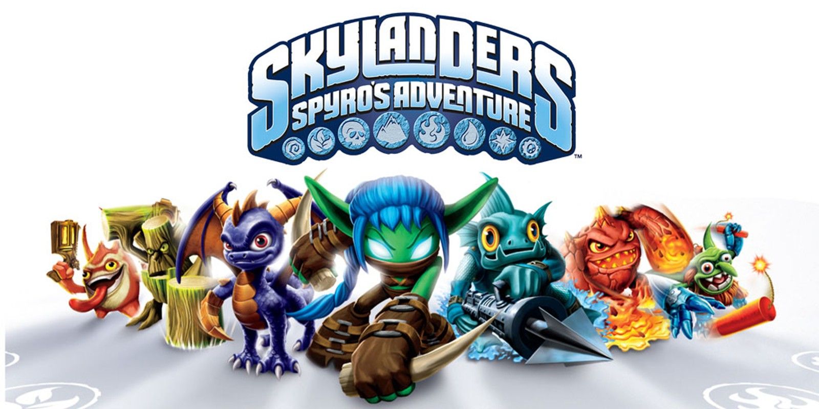 The Skylanders, including Spyro, stand in a line on a white background