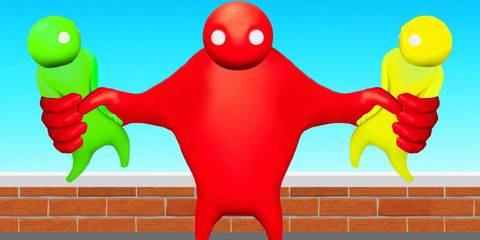 An Image of a villain squeezing two character in his hands in Gang Beasts