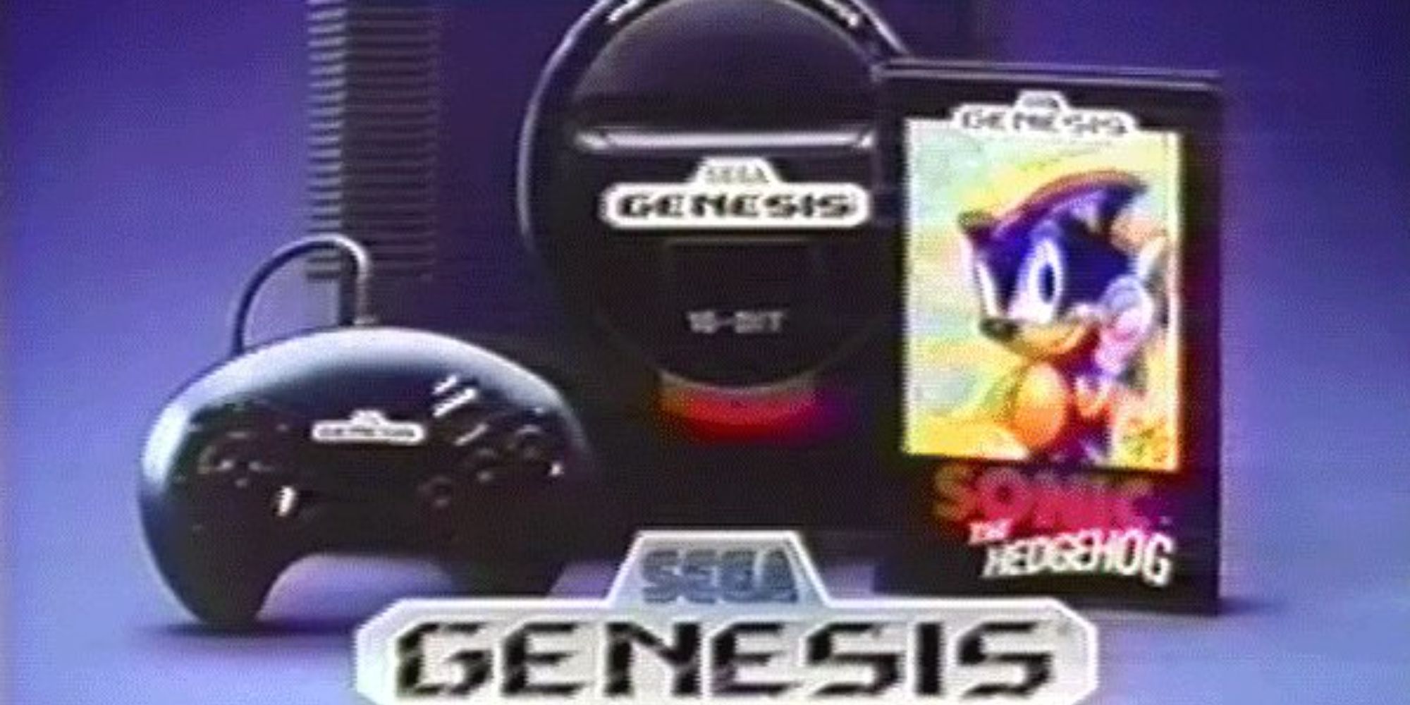 The Sega Genesis with a controller and Sonic case in a TV commercial