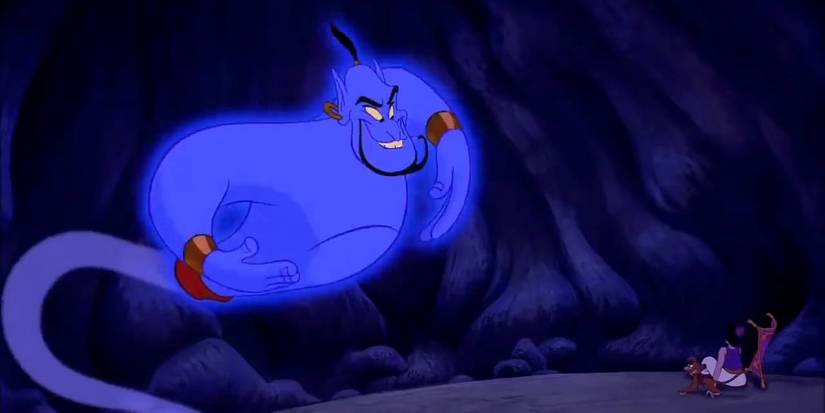 Genie meets Aladdin and Abu for the first time in a cave