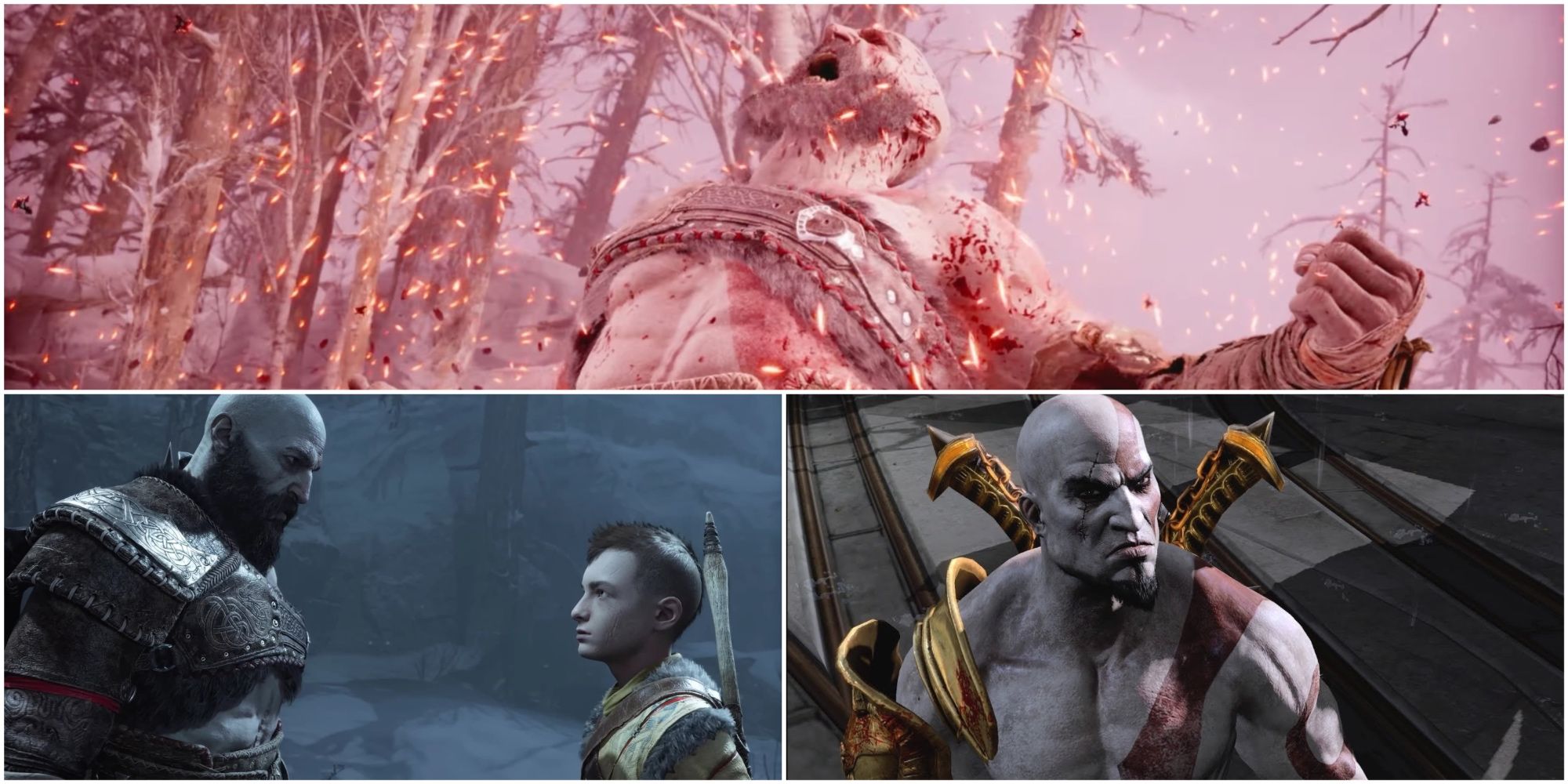 Split image showing Kratos with Atreus.