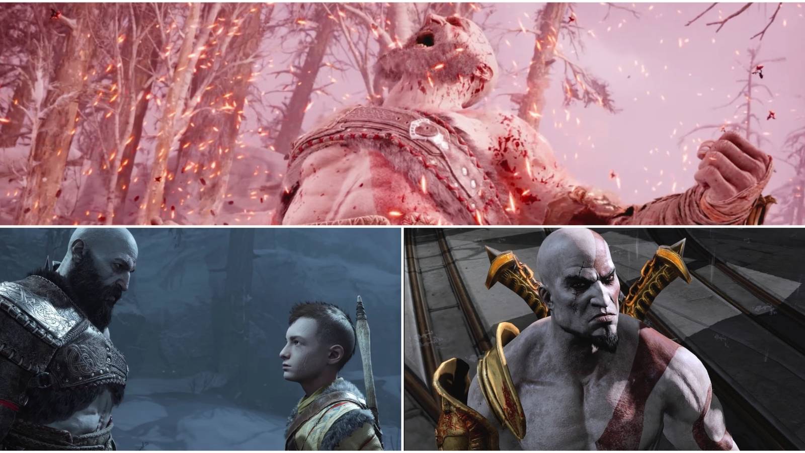 Split image showing Kratos with Atreus.