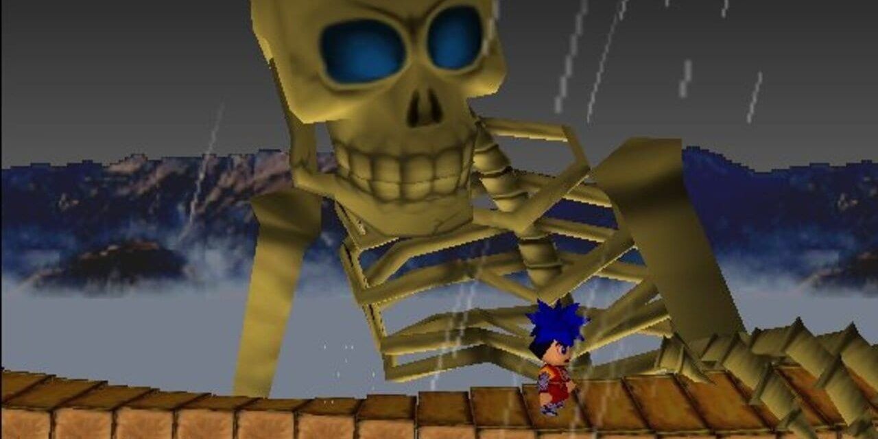 A giant skeleton staring down at Goemon as he walks across a shaky bridge in Goemon's Great Adventure